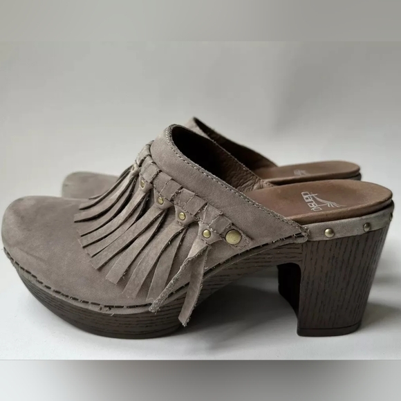 Dansko Deni Taupe Leather Block Heel Fringe Slip On Mules Clogs - Picture 1 of 3